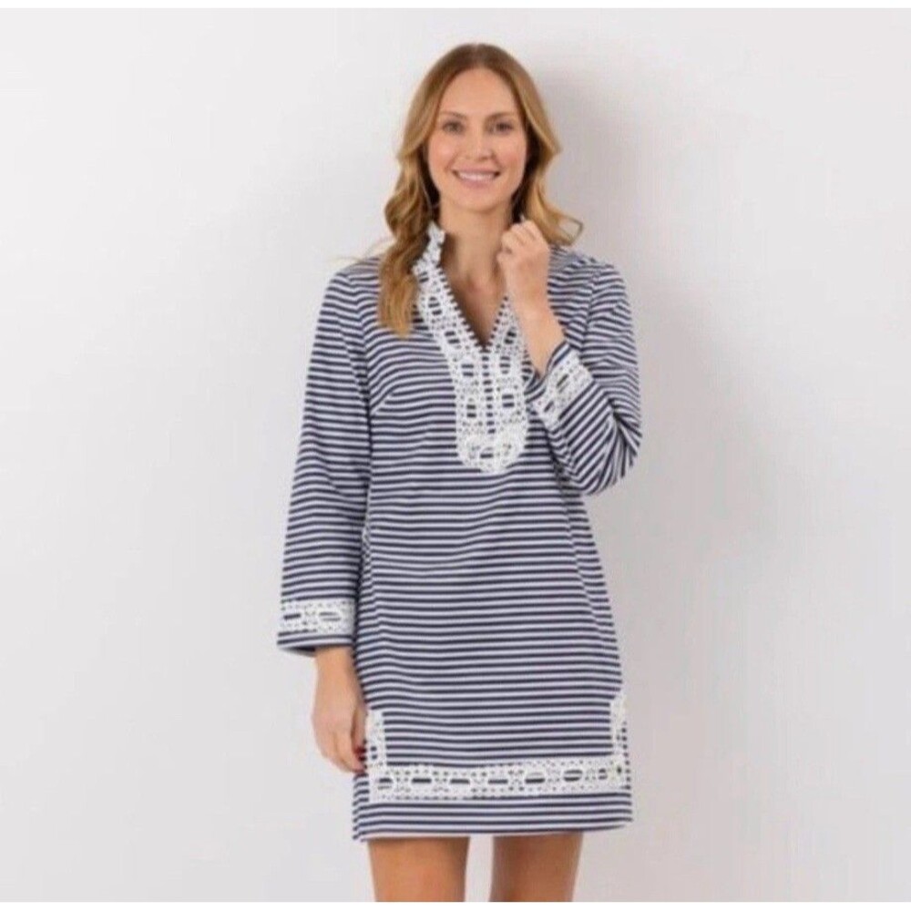 Sail to Sable Navy and White Striped Midi Dress with Lace Trim